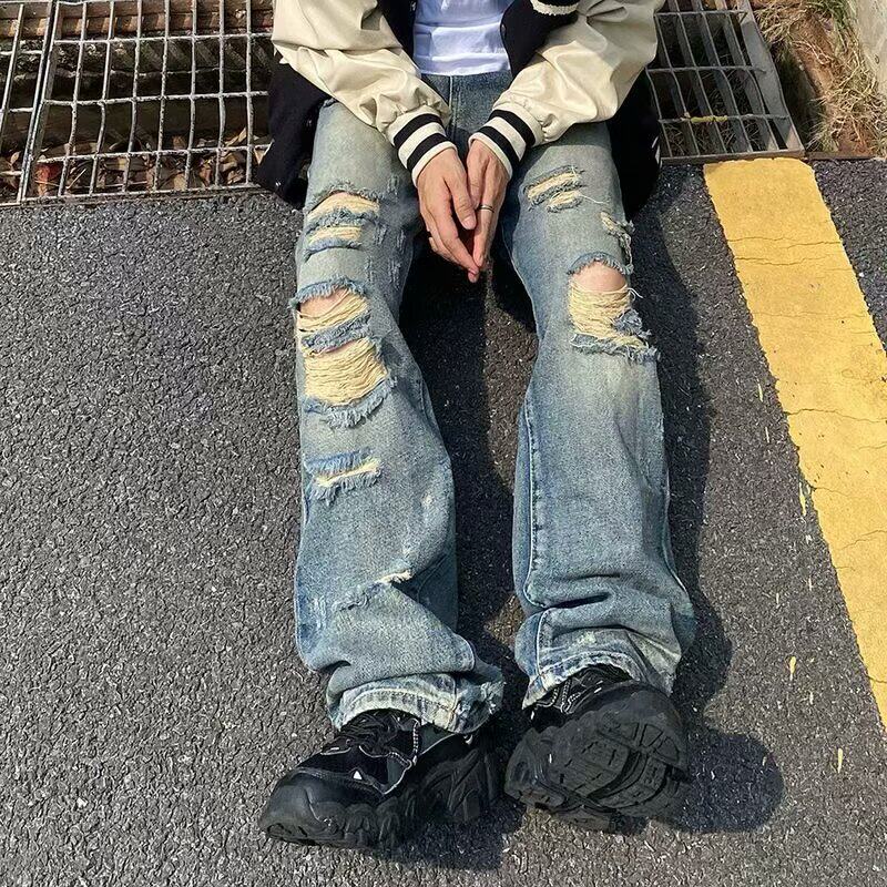 美式高街水洗做旧破洞牛仔裤男夏季潮牌宽松直筒长裤513CK229P40图片