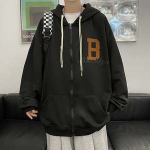 秋季男新款植绒印花穿绳时尚宽松情侣连帽开衫卫衣514-7 WY01 P65图片