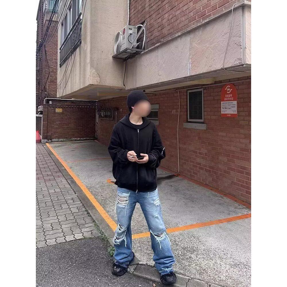 美式复古破洞高腰直筒阔腿裤牛仔裤日系513CK347P45,男装牛仔裤,星座513