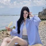 夏季新款蓝色条纹印花衬衫薄长袖宽松防晒衬衣513CX352P33，男装防晒衣，星座513