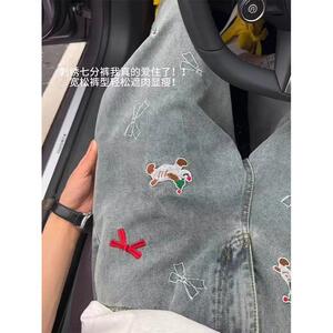 欧美街头趣味刺绣直筒牛仔七分裤男宽松阔腿休闲短裤513DK1540P41图片
