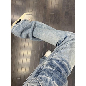 美式闪电扎花弯刀牛仔裤男夏季潮牌提档宽松vibe直筒阔腿微喇裤子图片