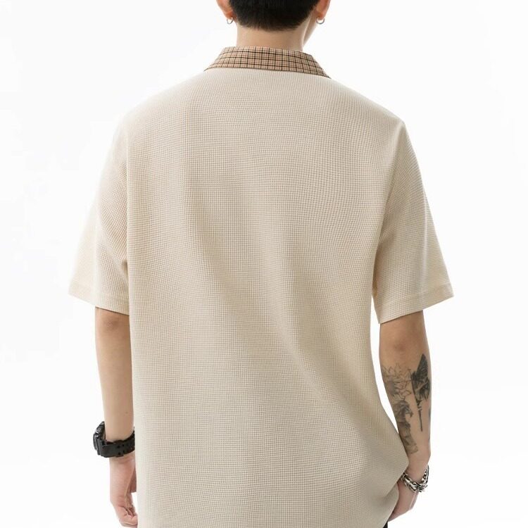 简约撞色格子拼接短袖t恤男女夏新POLO领上衣体恤衫513PL1191P33,男装Polo衫,星座513