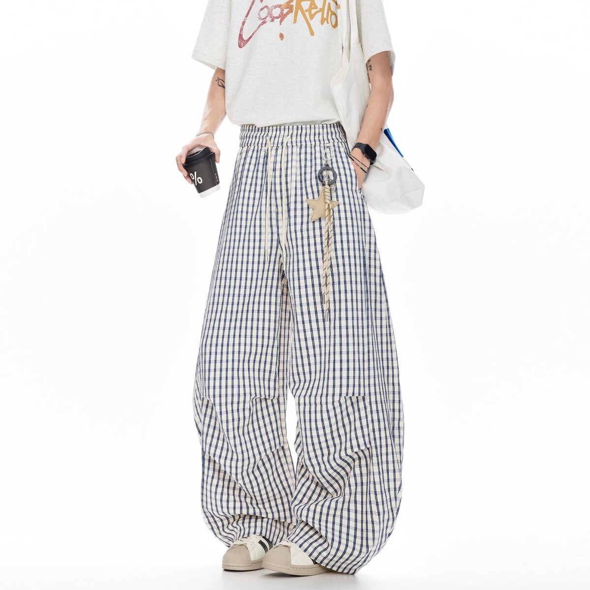 格子休闲弯刀裤男女潮星星挂饰阔腿裤宽松情侣长裤513CK443特P45,男装休闲裤,星座513