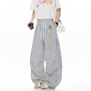 格子休闲弯刀裤男女潮星星挂饰阔腿裤宽松情侣长裤513CK443特P45图片