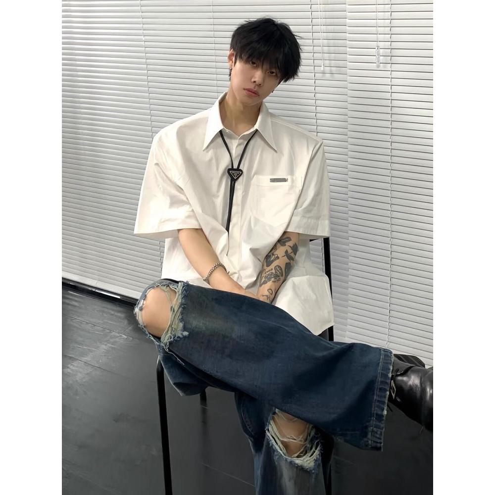 现货夏季高级感衬衫男短袖宽松上衣纯色休闲衬衣513DX1356P33,男装T恤,星座513