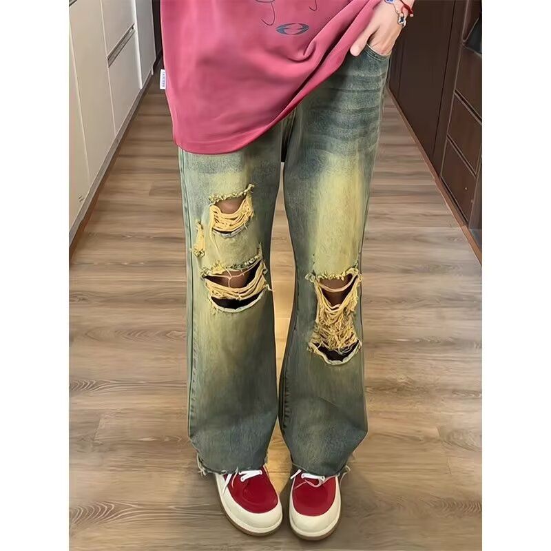 美式水洗做旧破洞牛仔七分裤女夏季新款阔腿中裤513DK1228P43，女装牛仔裤，星座513