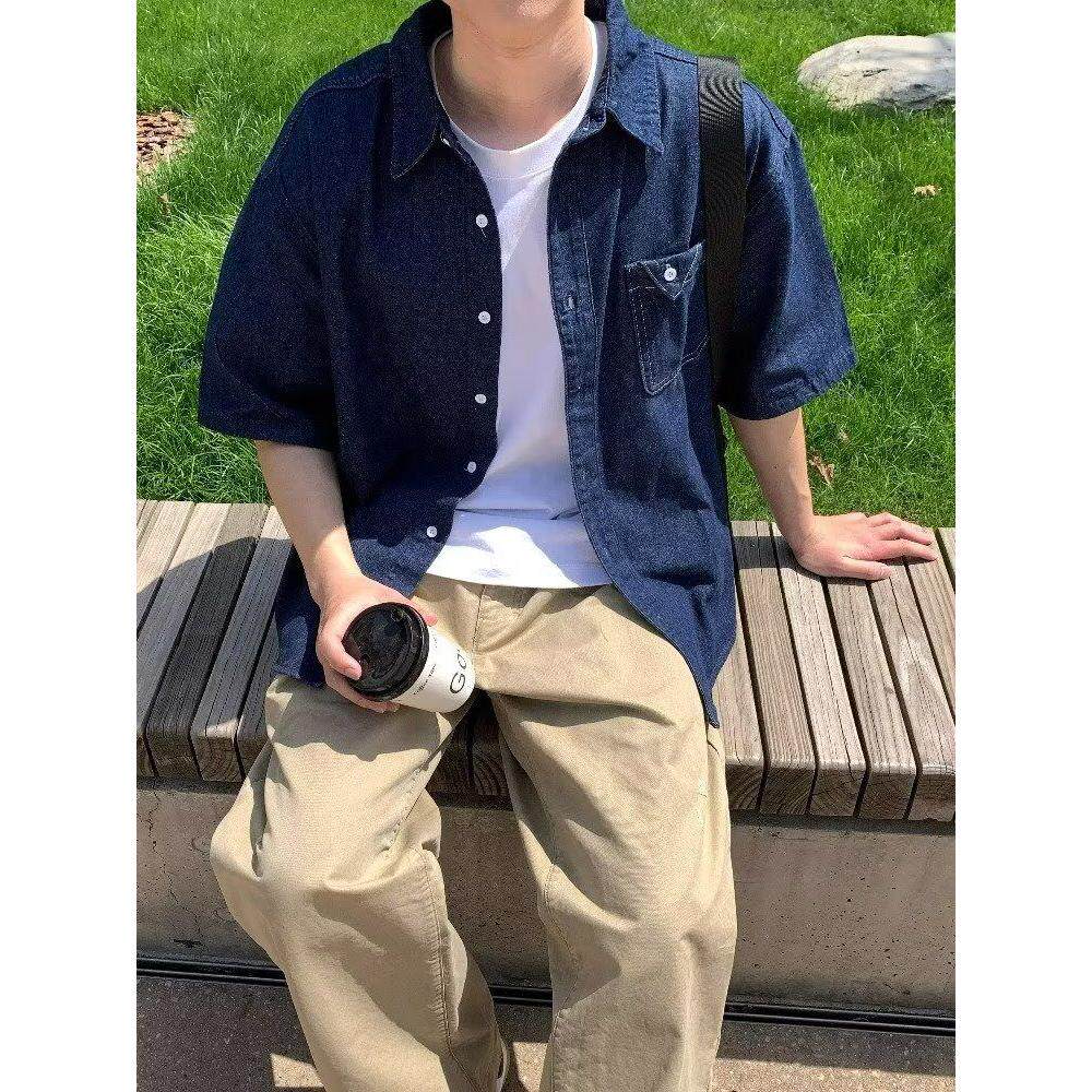 复古翻领盘扣短袖牛仔衬衫男女中性水洗做旧五分袖513DX1427P37图片