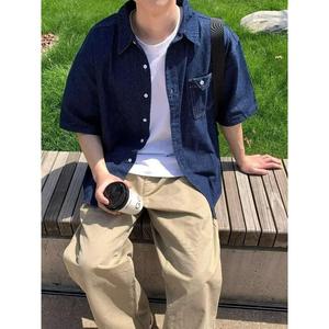 复古翻领盘扣短袖牛仔衬衫男女中性水洗做旧五分袖513DX1427P37图片