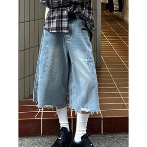 复古高街毛边牛仔短裤男街头直筒宽松阔腿七分裤513DK237P38图片
