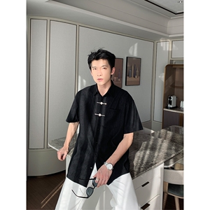 新中式男高级感衬衫男夏薄款短袖潮牌痞帅炸街衬衣513DX114P38图片