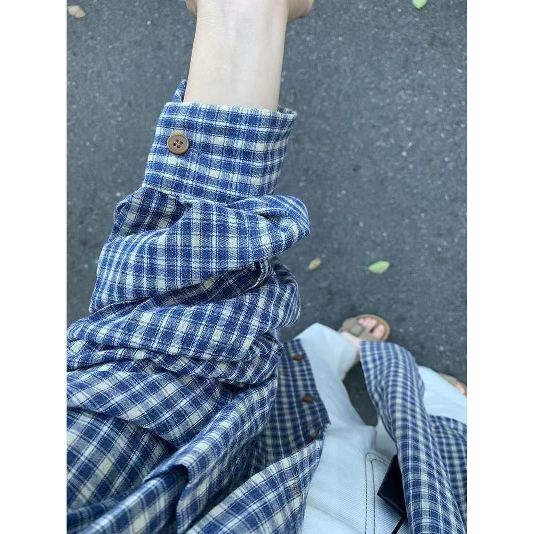 美式复古蓝色格子衬衫女宽松休闲百搭衬衣防晒衫513CS1110P30图片