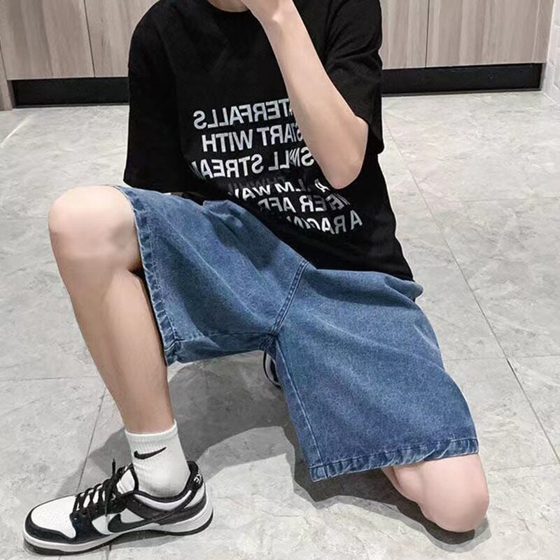 夏季薄款松紧腰牛仔短裤男士潮牌宽松直筒百搭五分裤513DK022P25图片