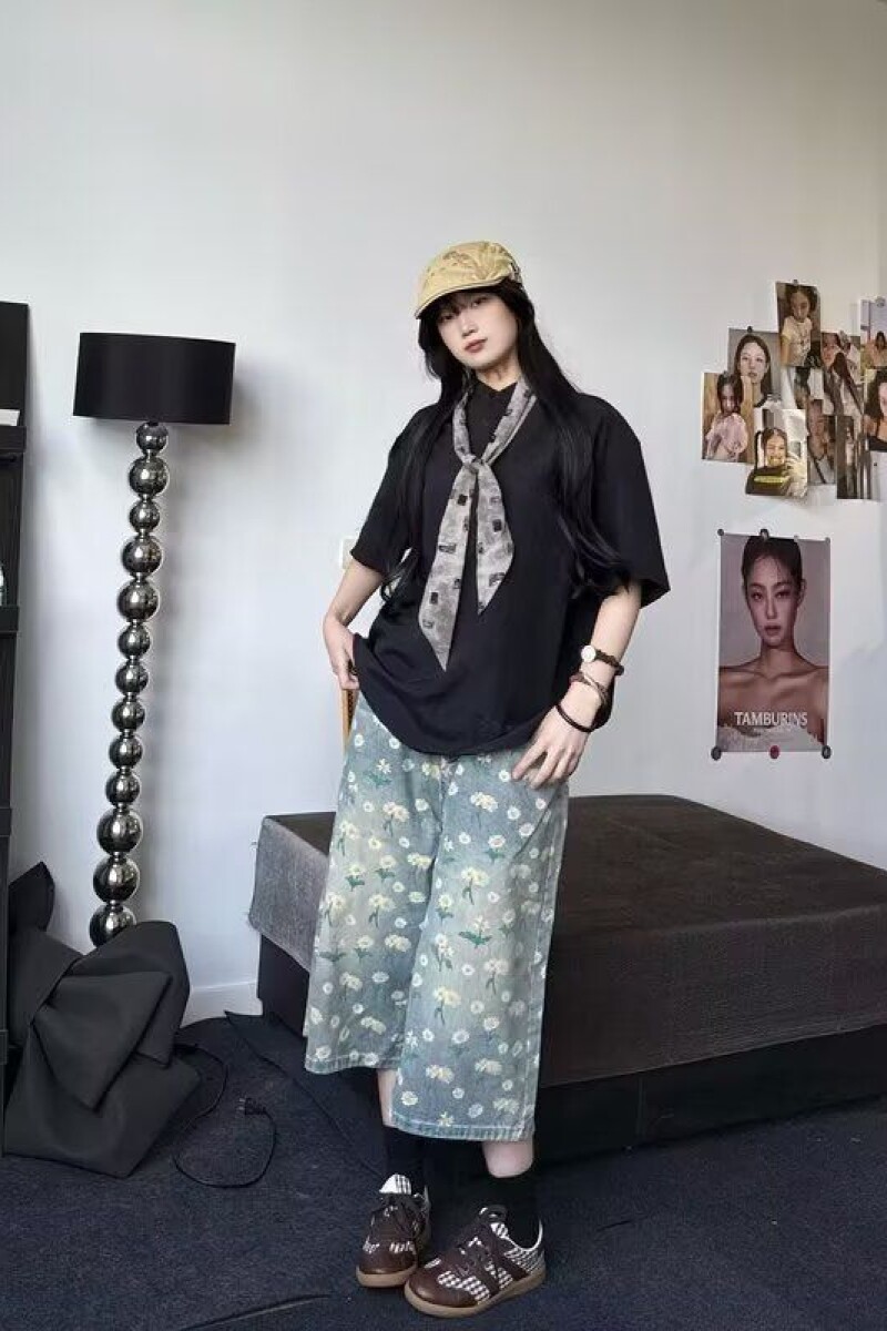 满印小雏菊印花牛仔七分裤女水洗做旧短裤513DK1213P45,女装牛仔裤,星座513