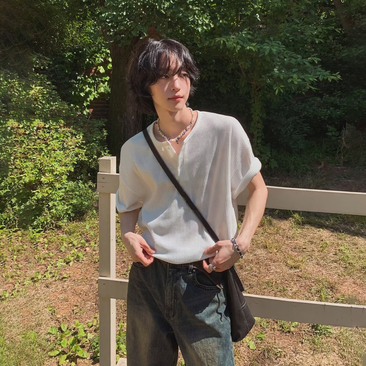 纯色小V领短袖T恤男女同款夏百搭宽松简约潮牌体恤513DX354P27,男装T恤,星座513