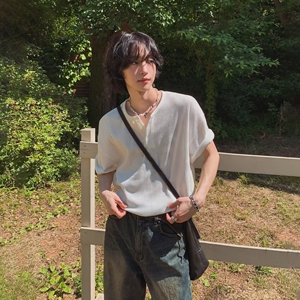 纯色小V领短袖T恤男女同款夏百搭宽松简约潮牌体恤513DX354P27图片