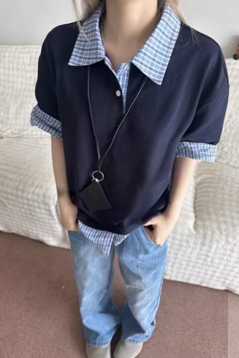 格子翻领假两件拼接短袖上衣夏装短袖t恤女半袖513PL101P35,男装Polo衫,星座513