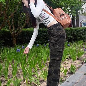 美式复古迷彩裤多口袋工装裤男女直筒微喇长裤513CK1027P40图片