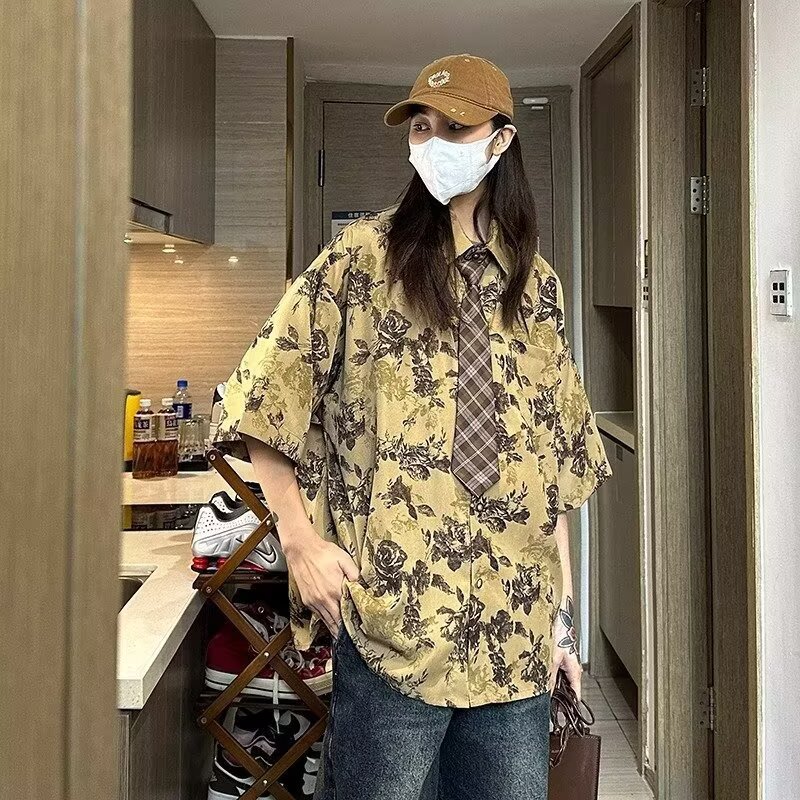 古着cleanfit巴洛克衬衫男短袖设计感高级冰丝花衬衣美式复古外套,男装衬衫,星座513