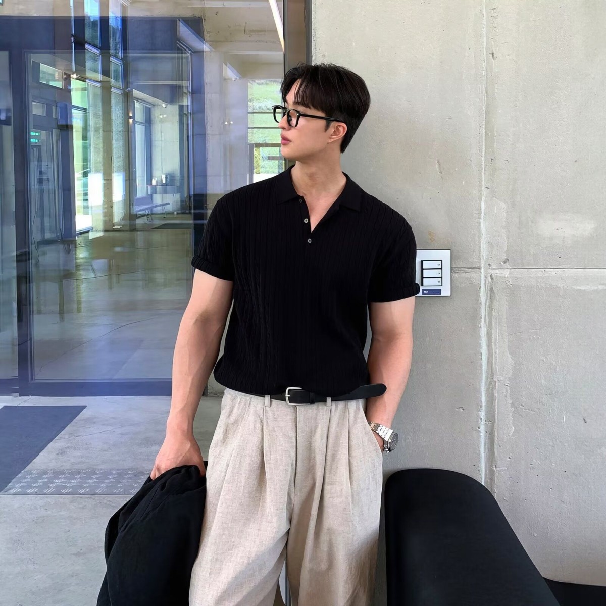 雅痞风Polo衫短袖男款夏季成熟稳重有领T恤高级感条纹修身三分袖,男装T恤,星座513