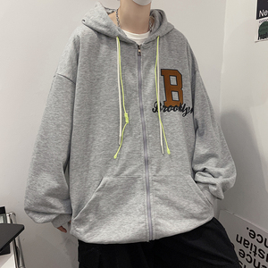 秋季新款植绒印花穿绳时尚宽松情侣连帽开衫男卫衣514-7WY01P65