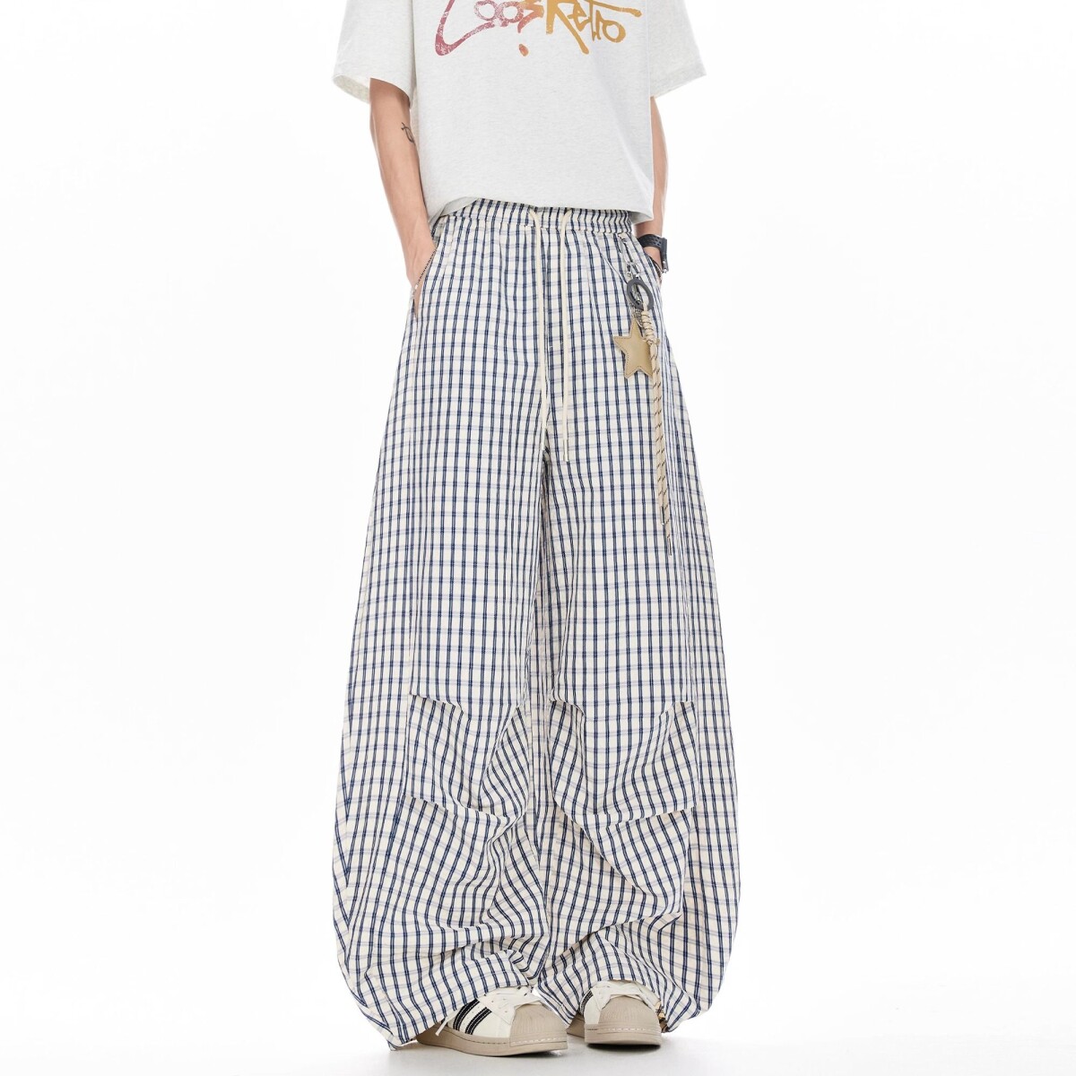 格子休闲弯刀裤男女潮星星挂饰阔腿裤宽松情侣长裤513CK443特P45,男装休闲裤,星座513