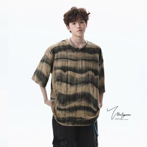 美式高街破洞条纹短袖t恤男夏季薄款宽松V领设计感休闲凉感上衣服图片