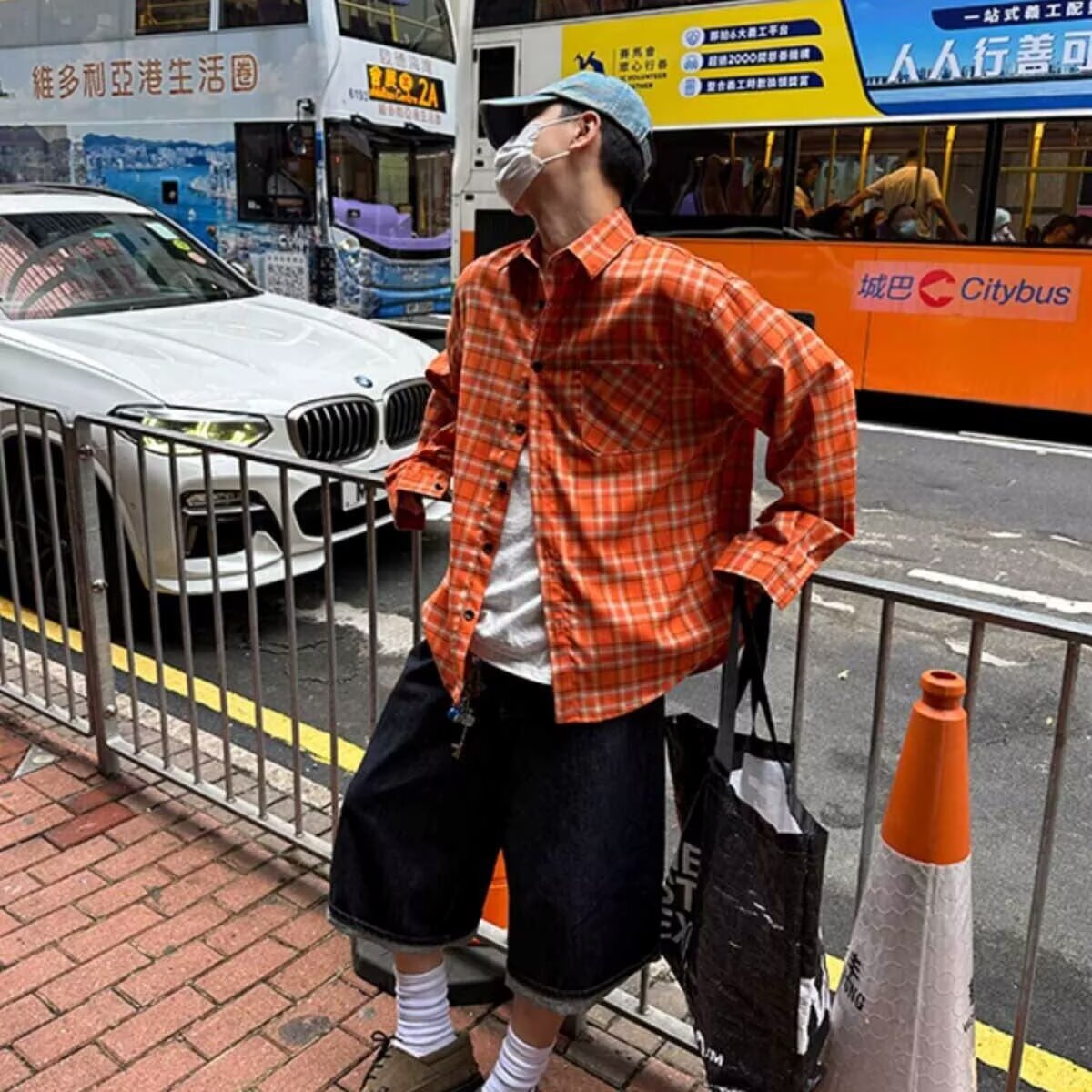 美式复古格纹长袖衬衫男女新宽松休闲防晒情侣外套513CX119P32图片