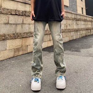 美式高街风水洗做旧黄泥染排扣牛仔裤潮直筒拉链长裤513CK157P45图片