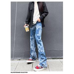 数码棋盘格牛仔裤高街男女情侣休闲直筒裤子炸街513CK1755P39图片