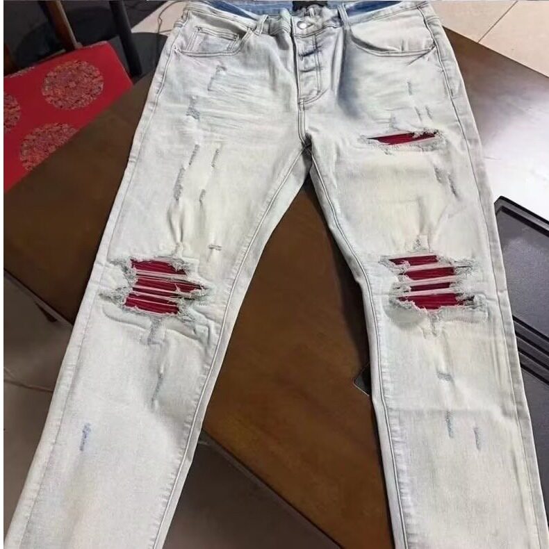 美式做旧水洗拼接高街修身直筒红色补丁小脚牛仔裤男513CK011P40,男装牛仔裤,星座513