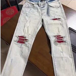 美式做旧水洗拼接高街修身直筒红色补丁小脚牛仔裤男513CK011P40图片