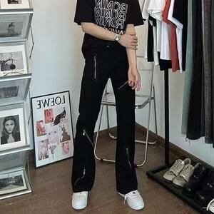 新款美式高街风拉链牛仔裤男潮牌喇叭裤高腰阔腿裤513CK008P35图片