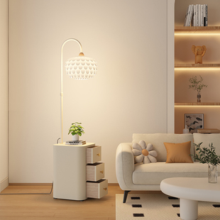 奶油风松果落地灯客厅沙发2025新款 置物实木床头柜一体卧室氛围灯