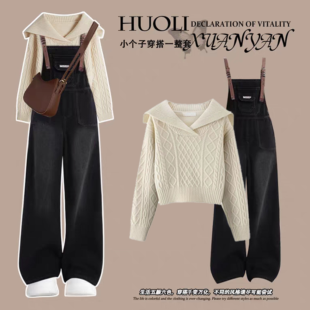 早春氛围感宽松上衣女牛仔背带裤