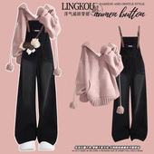 早秋设计感甜美连帽中长款 牛仔背带裤 针织针织衫 搭配减龄气质美式