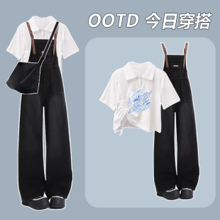 复古牛仔背带裤 夏日ootd甜美粉色印花抽绳宽松休闲上衣搭配美式