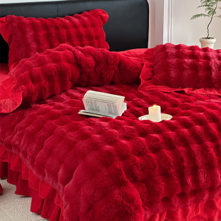 高级感兔兔绒婚庆四件套秋冬季 结婚床品 加厚牛奶绒被套红色床裙款