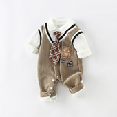 超萌婴儿连体衣春秋款 男宝宝秋冬季 衣服加绒绅士学院风哈衣外出服