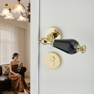 水晶黑色室内房门锁金色轻奢磁吸静音卧室法式 黑色门把手分体门锁
