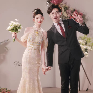 新中式旗袍敬酒服新娘鱼尾结婚订婚礼服裙高端轻奢小众香槟色回门