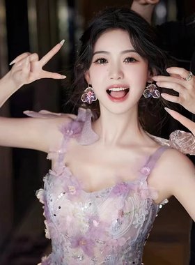 紫色吊带晚礼服轻奢小众订婚晨袍女新娘生日18岁成人礼女孩礼服裙