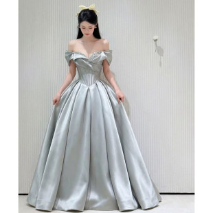 银灰色一字肩主持人晚礼服裙女高级感轻奢小众高端缎面艺考成人礼
