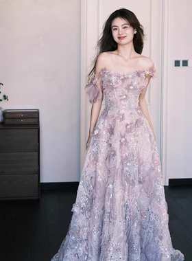 紫色成人礼女孩晚礼服裙绝美一字肩生日宴会订婚晨袍女新娘主持人