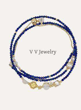 【薇阮珠宝】天然切面青金石配多层三圈手链手串手饰度假叠戴