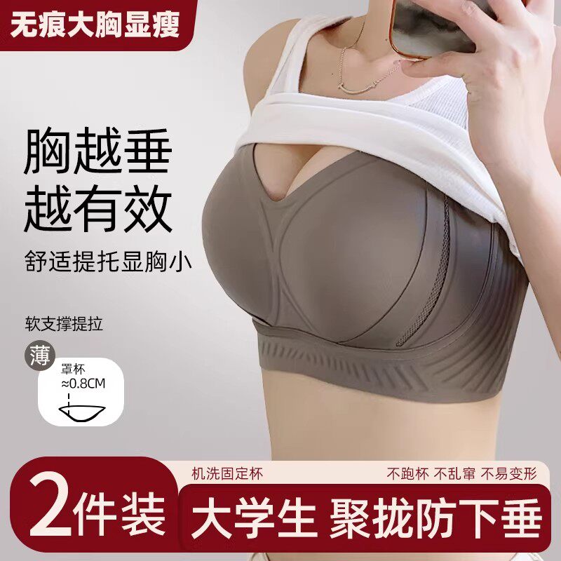 无痕大胸显小内衣女提拉聚拢防下垂收副乳调整型固定杯文胸罩薄款