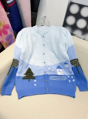 童趣毛衣女2023秋冬新款手工定染渐变蓝色慵懒风刺绣针织开衫外套