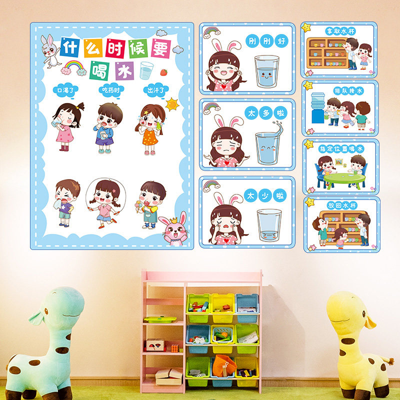 幼儿园喝水流程步骤图七步洗手法环创教室布置主题墙面装饰墙贴纸