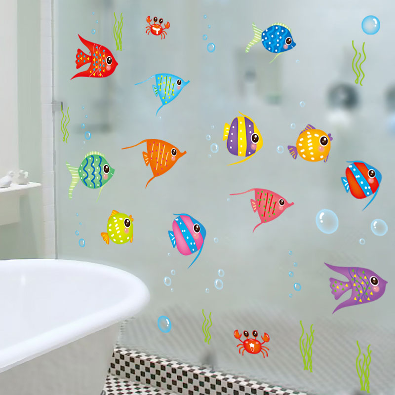小鱼卡通幼儿园儿童浴室卫生间玻璃门贴纸洗手间装饰品墙贴画防水图片