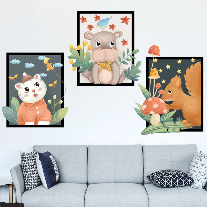 卡通动物三联画框可爱相框墙贴纸自粘墙纸儿童房改造ins风贴画